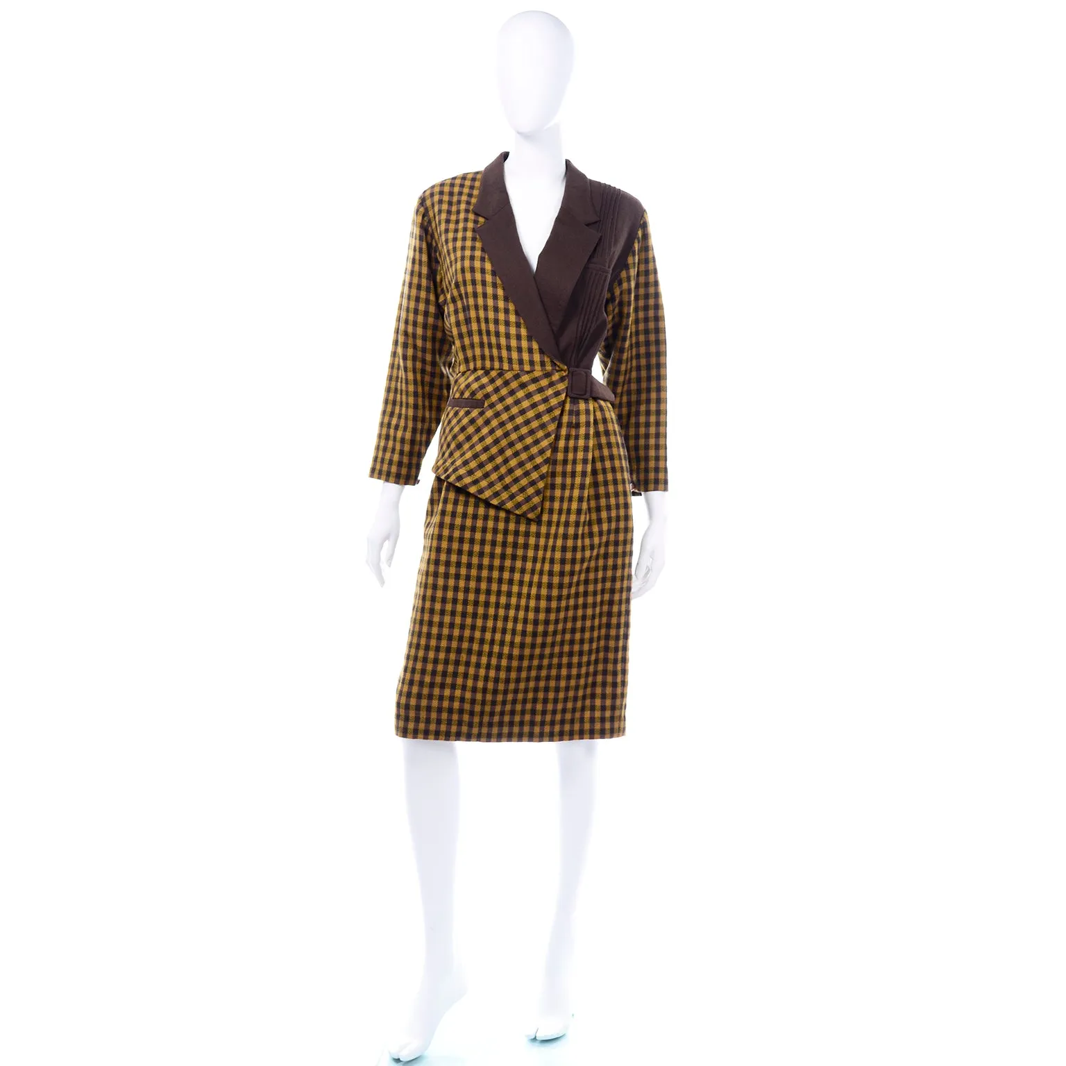 1980s Mustard Yellow & Brown Check Wool Vintage Avant Garde Dress