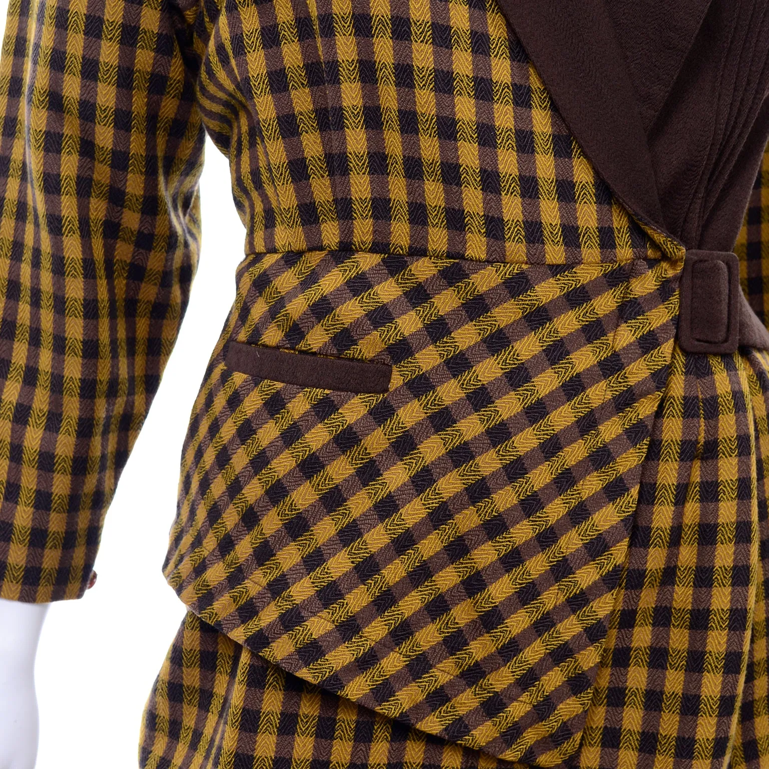 1980s Mustard Yellow & Brown Check Wool Vintage Avant Garde Dress