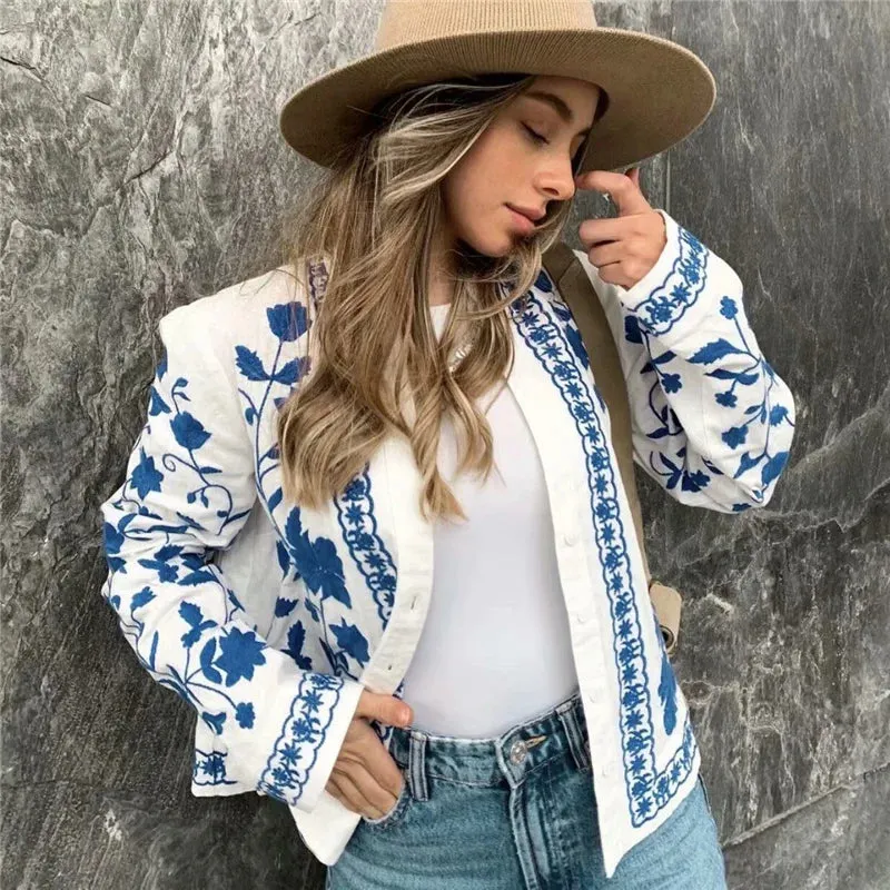 Blue Embroidery Loose Soft Floral Cotton Spring Outwear Jacket
