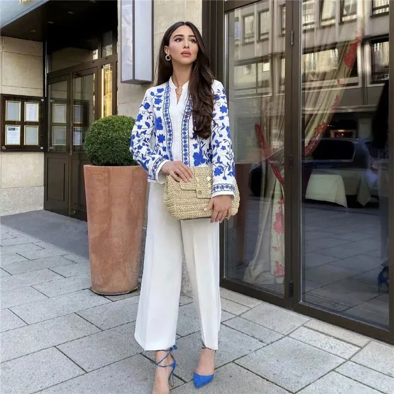 Blue Embroidery Loose Soft Floral Cotton Spring Outwear Jacket