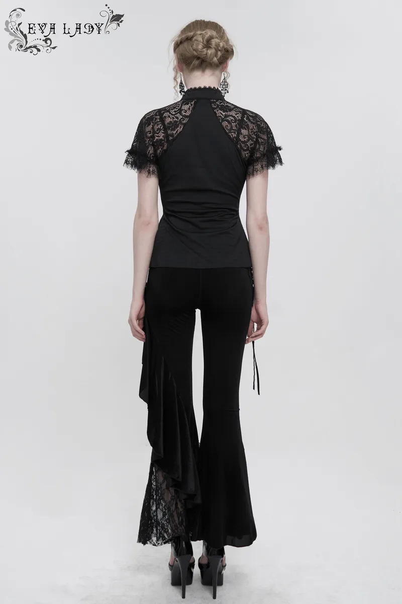 Fashion Lace Flower Flared Trousers For Women / Gothic Velvet Pants with Lace-up Accents on Side