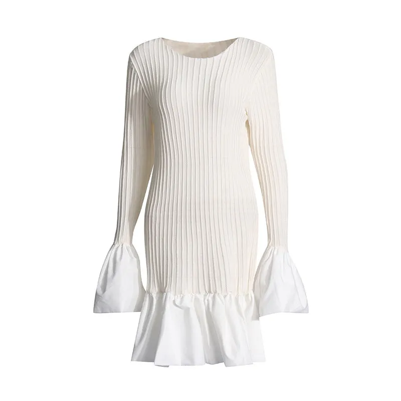 Fashionkova avant garde dress to impress French Style Long Sleeve round Neck Dress Women's 2024 Autumn New Celebrity Style Ruffled High-Grade Knitted Skirt
