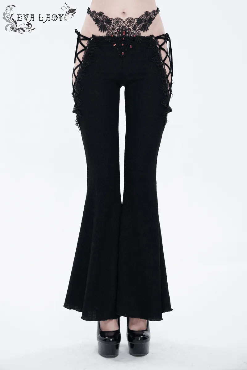 Gothic Sexy Slim Lace-Up Flared Trousers / Women's Lace Applique Black Pants
