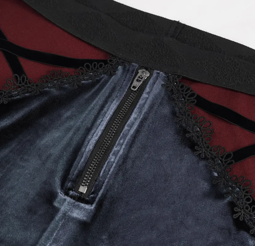 Gothic Velvet Hollow Out Flared Trousers / Sexy Lace Applique Zipper Pants