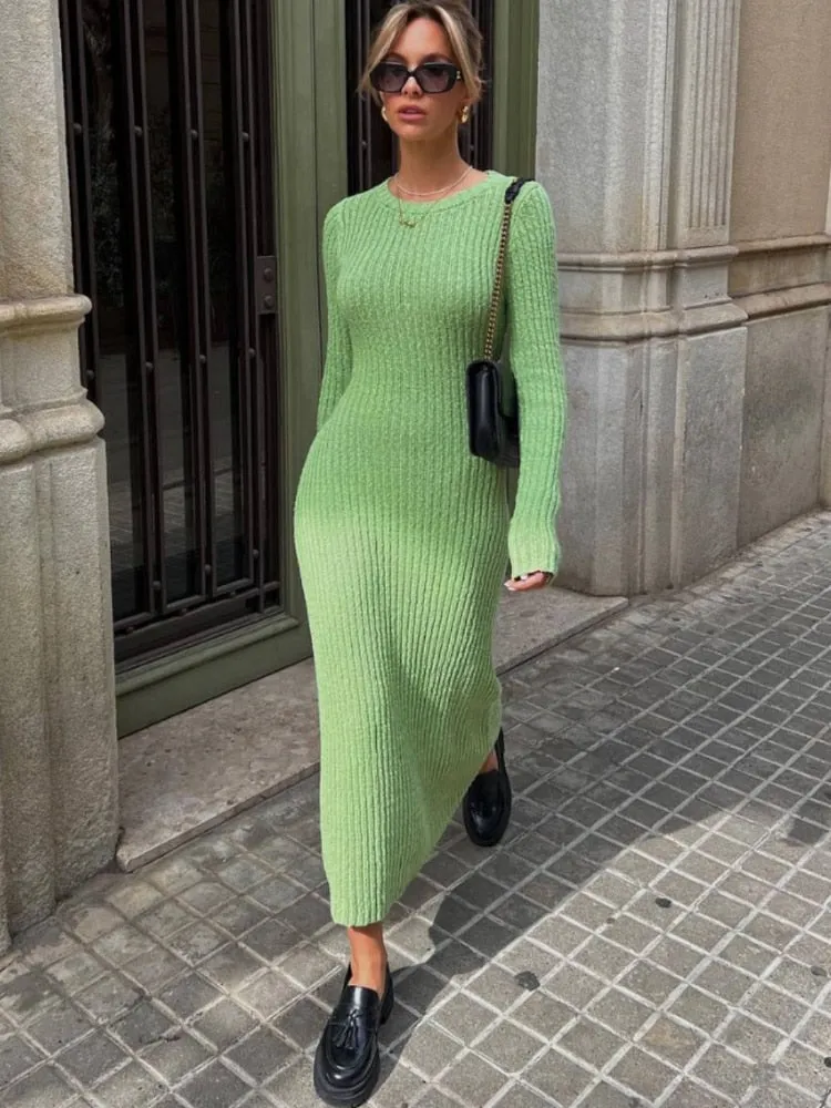 Green Dress Autumn Winter New Fashion Round Neck Women Sweater Slim Fit Long Sleeve Dress Streetwear Female Clothing Dresses