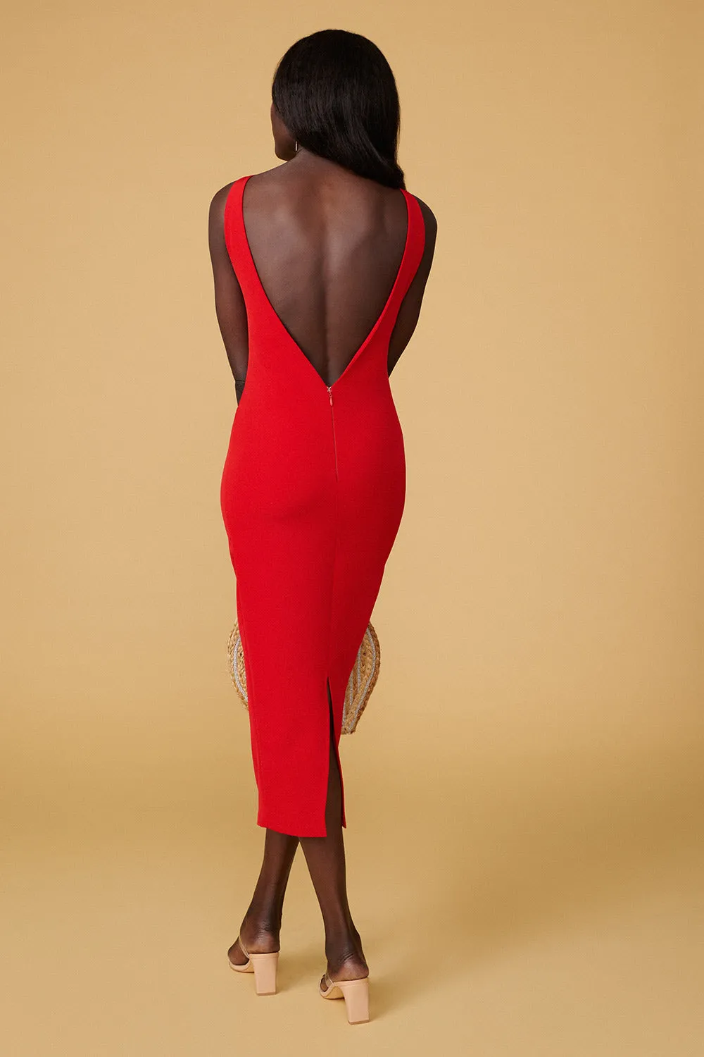 Kovna Red | Fitted Midi Dress w/ Open Back