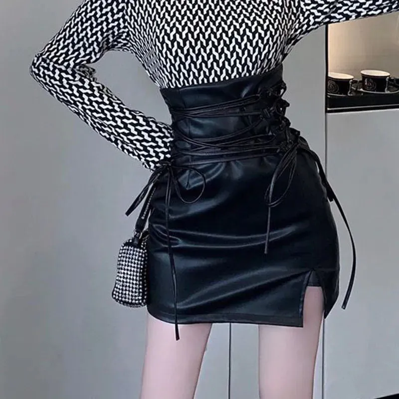 Nukty Black Leather Mini Skirts Women Gothic High Waist Slim Fit Lace-Up Pencil Skirt Female Sexy Club Back Zipper Split Bag Hip Skirt