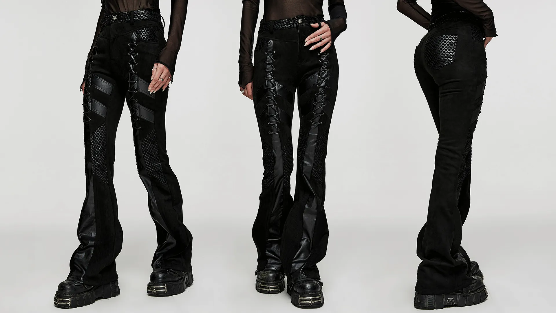 Retro Punk Eyelet Lace-Up Suede Flared Trousers