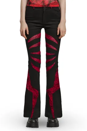 Stretch Gothic Flared Pants with Spiderweb Red Mesh