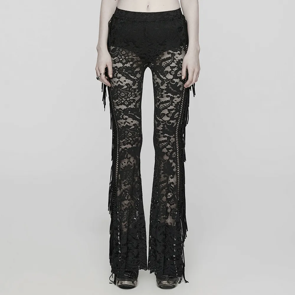Stylish Gothic Black Lace Fringed Flare Pants