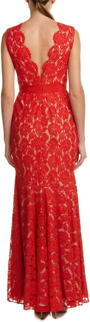 Theia Scalloped V-Neck Sleeveless Banded Waist Zipper Back Flutter Hem Floral Lace Dress