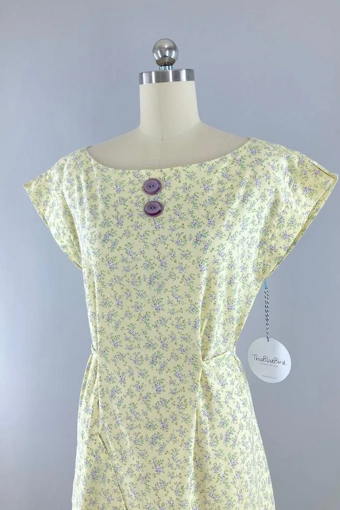 Vintage Pastel Yellow Floral Cotton Dress