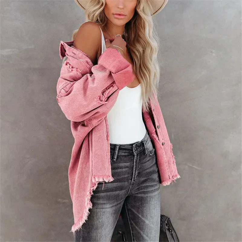 Vintage Red Ripped Denim Oversized Single Breasted Female Pocket Outwear Fashion Spring Girls Jacket