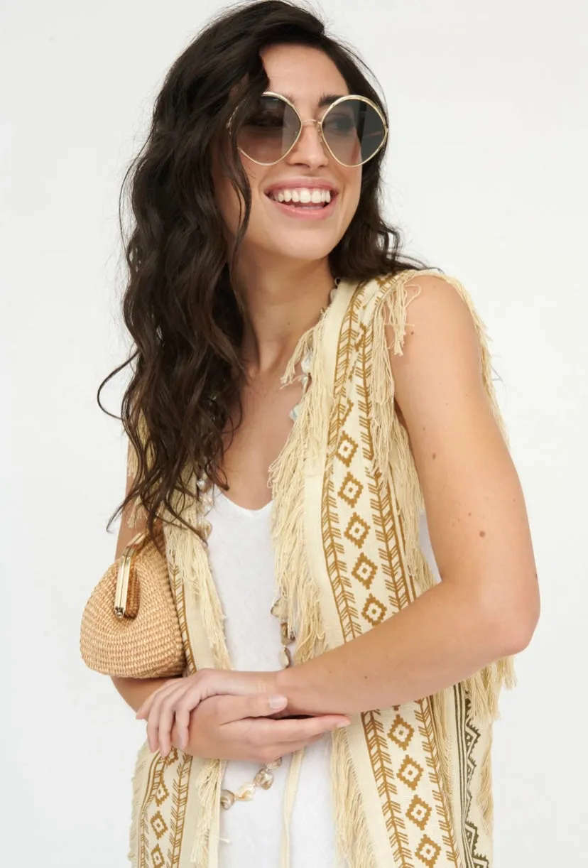 White Linen Long Vest with Aztec Print & Fringe Detail (Natural Shown)