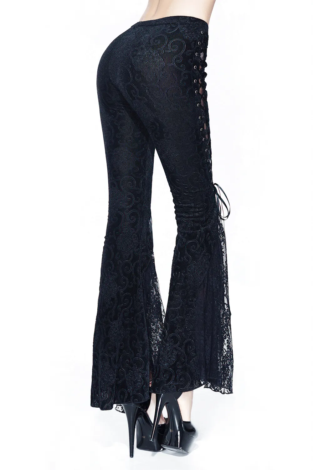 Womens Black Sexy Lace Flare Pants / Lace-Up Vintage Long Pants / Gothic Style Clothing